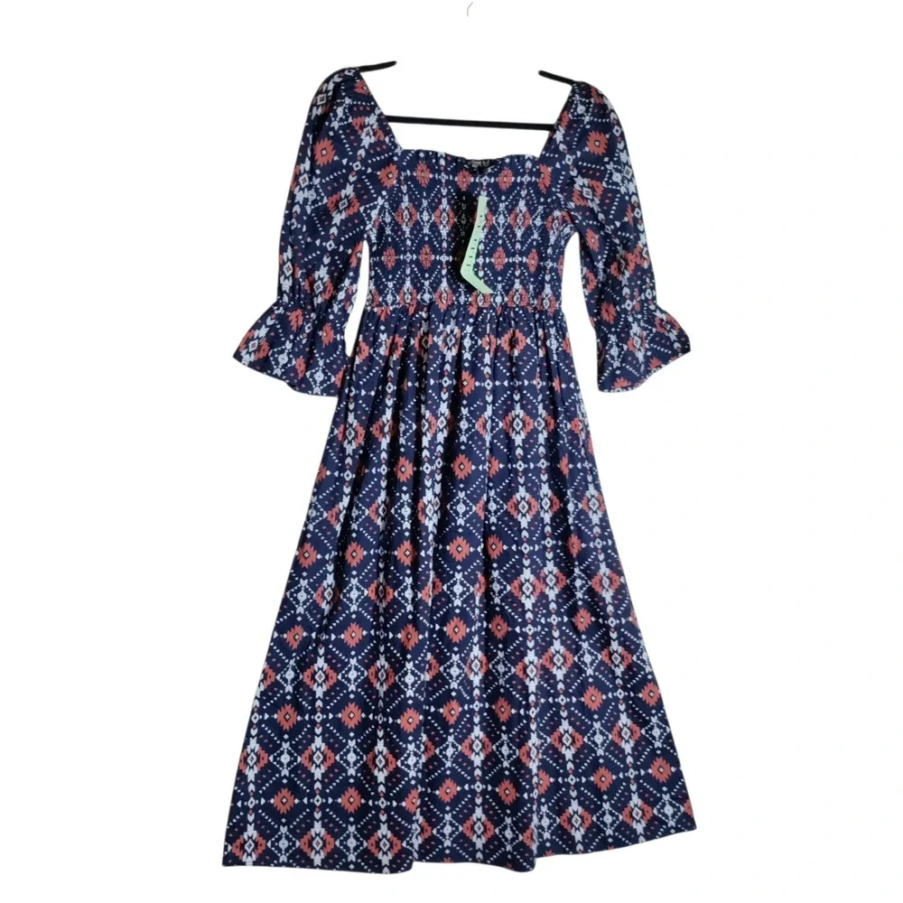 Petite Medium Blue Geometric Tribal Smocked Midi Dress Cotton Bell Sleeve PM